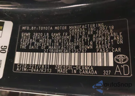 2019 Toyota Corolla Le from USA, damaged, VIN 2T1BURHE6KC135767